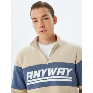 Slogan Baskılı Sweatshirt Fermuarlı Yaka Renk Bloklu Pamuk Karışımlı