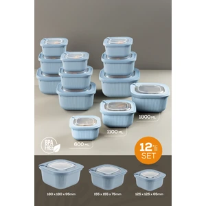 12LI 4X(600-1100-1800 Ml) Mikrodalga ve Difrize Uygun Vip Kapaklı Özel Saklama Kabı Seti Mavi
