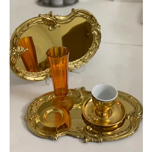 Elzem Tepsi Çelik Gold Renk 2 Adet Işlemeli Desenli Servis Tep
