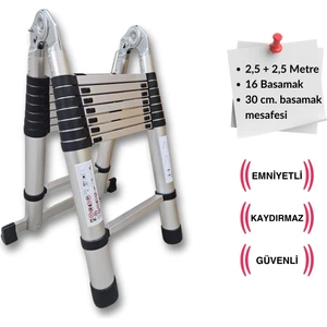 250 + 250 cm. - 8+8  Basamaklı Teleskobik / Teleskopik Merdiven - A Tipi Uzayan Merdiven