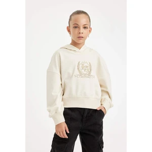 Kız Çocuk Ekru Oversize Geniş Kalıp Kapüşonlu İşlemeli Sweatshirt D2885A824WN