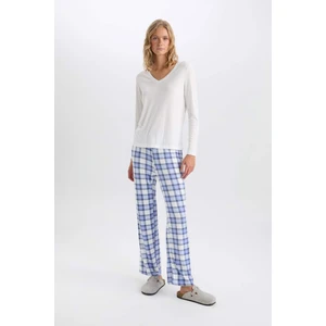 Pijama Takımı V Yaka Uzun Kollu Basic Düz Üst Kareli Beli Lastikli Alt-Fall in Love