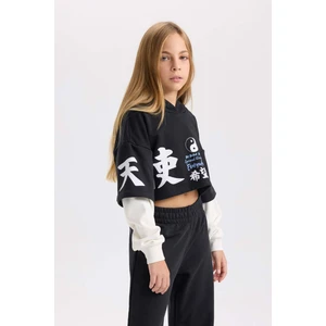 Kız Çocuk 2'li Takım Bisiklet Yaka Baskılı Sweatshirt Beli Lastikli Jogger Eşofman Altı D4066A824WN