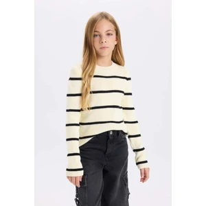 Kız Çocuk Ekru Çizgili Fitted Bisiklet Yaka Triko Kazak D1392A824WN