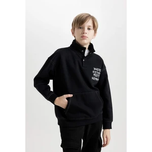 Erkek Çocuk Siyah Oversize Geniş Kalıp Balıkçı Yaka Baskılı Sweatshirt D5676A824WN
