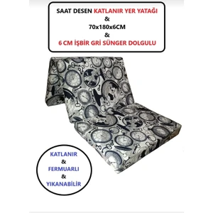 Mor Minder Katlanır Yer Yatağı ve Tek Kişilik Sünger Katlanır Minder Yatak 70X180 cm 6 cm Saat  Desen