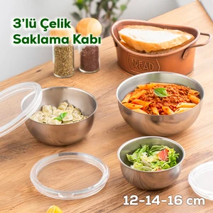 Parma 3'lü Şeffaf Sızdırmaz Kapaklı Paslanmaz Çelik Gıda Erzak Saklama Kabı - Mini Karıştırma Kabı (12-14-16 cm)