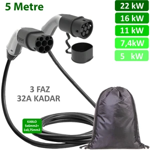 5 Metre, Elektrikli Araç Şarj Kablosu 22KW-11KW-7,4KW-3,7KW, 32A Kadar -Tr-Ab Tüm Tip 2 Araçlara Uyumlu
