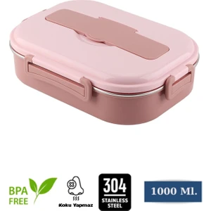 1 Litre 3 Bölmeli Pembe 304 Paslanmaz Çelik Hazneli Beslenme Kabı Lunch Box Beslenme Kutusu Sefer Tası Yemek Taşıma Kabı