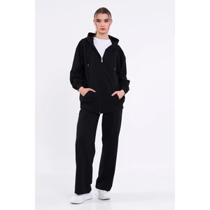 Kadın Siyah Normal Kalıp Basic Beli Lastikli Kapüşonlu Oversize Mevsimlik Alt Üst Eşofman Takımı