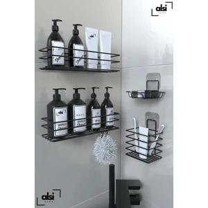 Alsi Home Paslanmaz Yapışkanlı Siyah Metal Banyo Rafı Düzenleyici 4'lü Set Duş Rafı Şampuanlık Sabunluk Diş Fırçalık Rafı