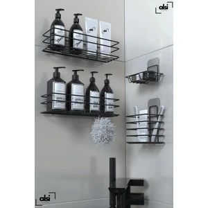 Alsi Home Paslanmaz Yapışkanlı Siyah Metal Banyo Rafı Düzenleyici 4'lü Set Duş Rafı Şampuanlık Sabunluk Diş Fırçalık Rafı