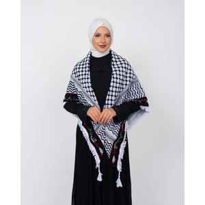 Siyah Kareli Filistin Arapça Atasözlü Kefiye Püsküllü Filistin Puşesi S300006