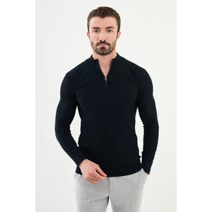 Dokulu Lacivert Slim Fit Fermuarlı Yarım Balıkçı Yaka Erkek Triko Kazak