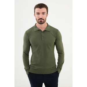 Desenli Haki Slim Fit Polo Yaka Erkek Triko Kazak