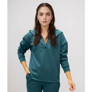 T Guel Kadın Zümrüt Yeşili Scuba Kumaş Kapüşonlu Sweatshirt