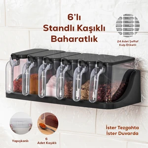 6 lı Standlı Kendinden Yapışkanlı Kaşıklı Kapaklı Baharatlık Takımı - Baharatlık Seti Siyah