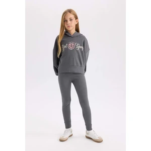 Kız Çocuk 2'li Takım Baskılı Kapüşonlu Sweashirt Beli Lastikli Fitilli Kaşkorse Tayt D0730A824AU