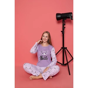 Sude Homewear Kadın Lila Renk Ayıcık Desenli Iki Iplik Şardonlu Uzun Kol Pijama Takımı