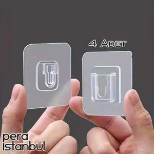 Pera İstanbul 4 Adet Süper Güçlü Şeffaf Çerçeve Askısı Resim Mutfak Kancası Kendinden Yapışkanlı Şeffaf Yapışkan