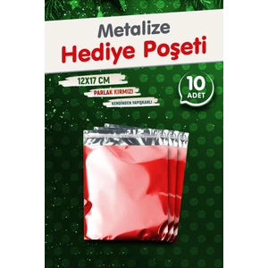 Tuğset Etiket Yapışkanlı Metalize Hediye Paketi Poşeti 12X17CM Kırmızı 10 Adet  Yeni Yıl Yılbaşı Hediye Paketi -T1085