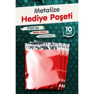 Tuğset Etiket Yapışkanlı Metalize Hediye Paketi Poşeti 17X25CM Kırmızı 10 Adet  Yeni Yıl Yılbaşı Hediye Paketi -T1088