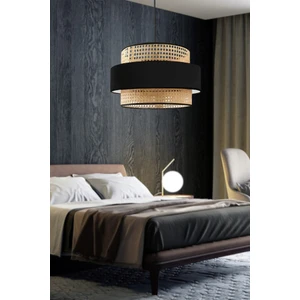 Bohem Trio Metal Kasalı Gerçek Rattan ve Siyah Kumaş Salon Avize Üç Katlı Pasta Yatak Odası Sarkıt