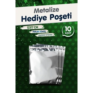 Tuğset Etiket Yapışkanlı Metalize Hediye Paketi Poşeti 12X17CM Gümüş 10 Adet  Yeni Yıl Yılbaşı Hediye Paketi -T1087