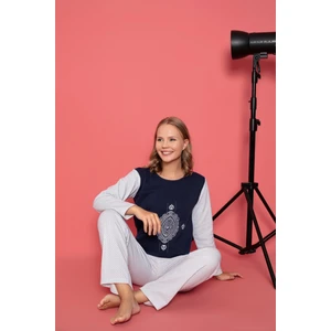 Sude Homewear Kadın Lacivert Desenli Iki Iplik Şardonlu Uzun Kol Pijama Takımı