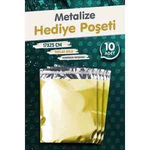 Tuğset Etiket Yapışkanlı Metalize Hediye Paketi Poşeti 17X25CM Gold 10 Adet  Yeni Yıl Yılbaşı Hediye Paketi -T1089