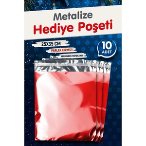 Tuğset Etiket Yapışkanlı Metalize Hediye Paketi Poşeti 25X35CM Kırmızı 10 Adet  Yeni Yıl Yılbaşı Hediye Paketi -T1091