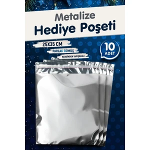 Tuğset Etiket Yapışkanlı Metalize Hediye Paketi Poşeti 25X35CM Gümüş 10 Adet  Yeni Yıl Yılbaşı Hediye Paketi -T1093