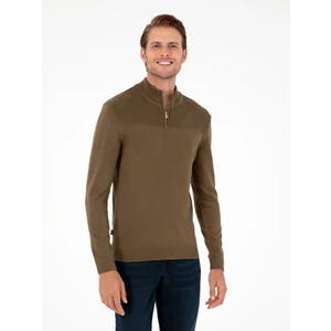 Pierre Cardin Erkek Koyu Haki Slim Fit Fermuarlı Dik Yaka Triko Kazak 50300532-VR111