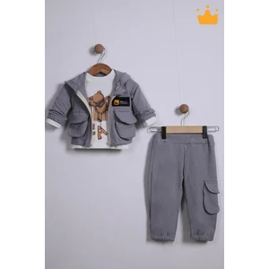 Baby Hola Babyhola Bayramlık 3'lü Kapşonlu Hırka Badi Pantolon Erkek Bebek Çocuk Alt Üst Takım