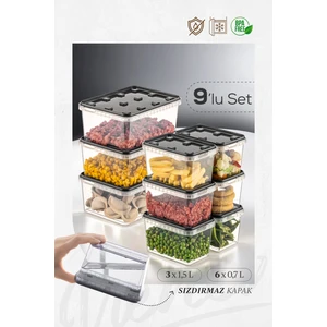 9lu 3x(1,5 Lt)-6x(0,7 Lt) Block Buzdolabı ve Derin Dondurucu Sızdırmaz Saklama Kabı Şeffaf Antrasit