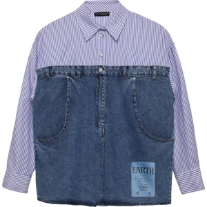 Çizgi Detaylı Denim Gömlek Mavi