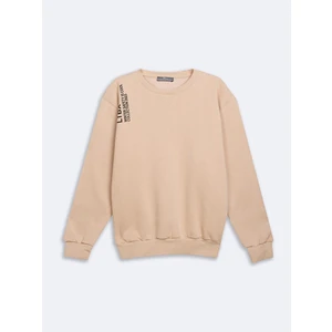 Sloganlı Sıfır Yaka Uzun Kollu Regular Fit Bej Sweatshırt