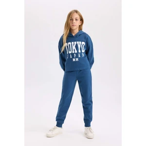 Kız Çocuk 2'li Takım Bisiklet Yaka Baskılı Kalın Sweatshirt Beli Lastikli Jogger Eşofman Altı D2217A824WN