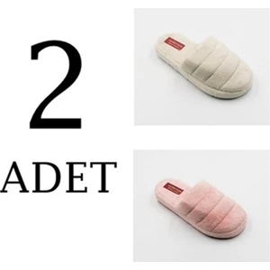 2'li Kadın Terlik Krem Pembe Yünlü Ekonomik Ev Terliği