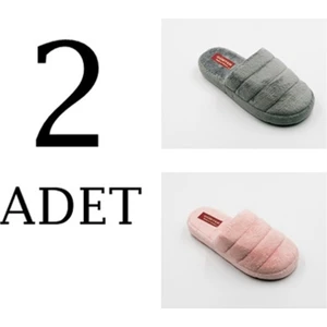2'li Kadın Terlik Gri Pembe Yünlü Ekonomik Ev Terliği