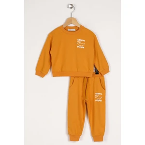Bisiklet Yaka Uzun Kol Anımal Person Baskılı Hardal Renk Erkek Çocuk Esofman Takım