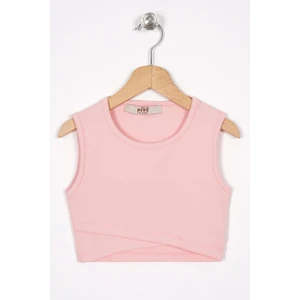 Bisiklet Yaka Sıfır Kol Capraz Bel Detaylı Pembe Renk Kız Cocuk Tshırt