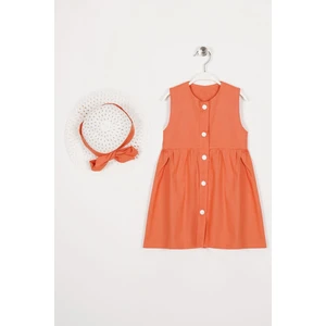 Bisiklet Yaka Sıfır Kol Cıtcıt Dugmelı Sapkalı Oranj Renk Kız Çocuk Elbıse