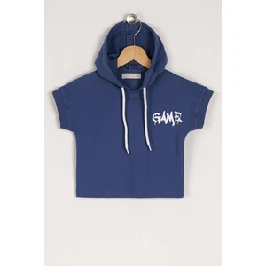 Erkek Çocuk Indigo Renkli Game Baskılı Kapuşonlu Kısa Kol Sweatshirt