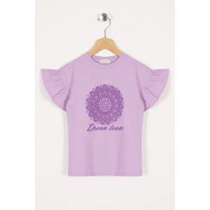 Kolları Fırfırlı Yazı Baskılı Lila Renk Kız Çocuk Tshirt