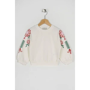 Kız Çocuk Ekru Renkli Kolları Çiçek Baskılı Sweatshirt