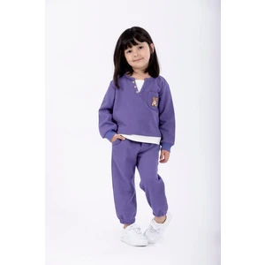 Bisiklet Yaka Uzun Kol Ayıcık Armalı Garnılı Bel Paca Lastikli Mor Renk Kız Çocuk Esofman Takım