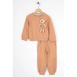 Erkek Çocuk Bej Renkli Ayıcık Cepli Yamalı Eşofman Takımı