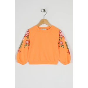 Kız Çocuk Somon Renkli Kolları Çiçek Baskılı Sweatshirt