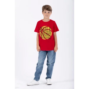 Erkek Çocuk Kırmızı Renkli Basket Topu Baskılı Tişört